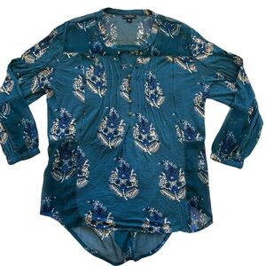 Lucky Brand Blue Bohemian Henley Pleated Paisley Long Sleeve Tunic Size Medium